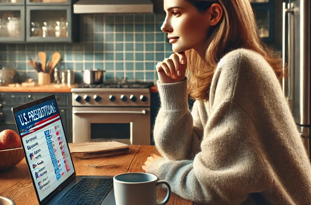 A Lady sits at her kitchen table looking at election results on a computer